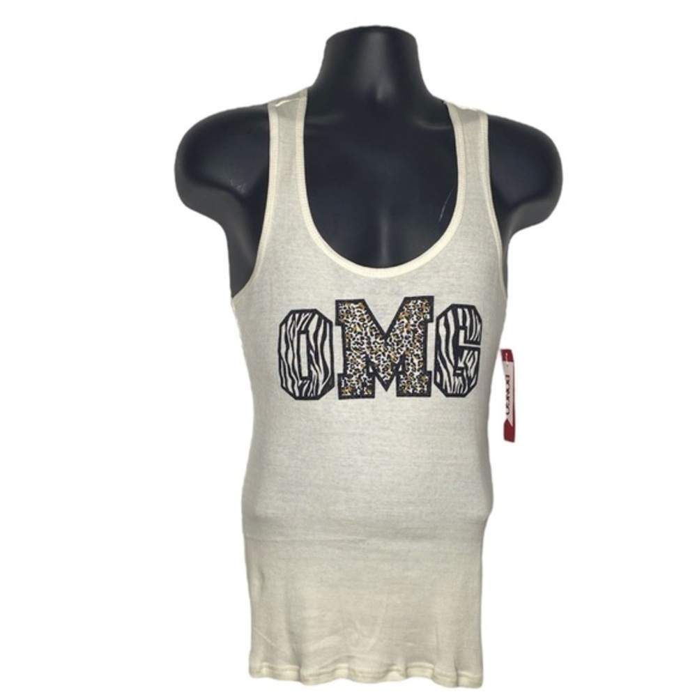 BONGO ‘OMG’ Animal Print Slogan Racerback Tee (Size:Large, Color:Off-White)
